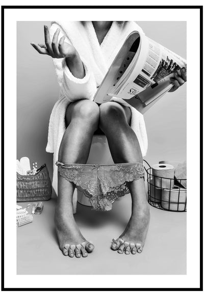 poster of a woman reading a newspaper on the toilet