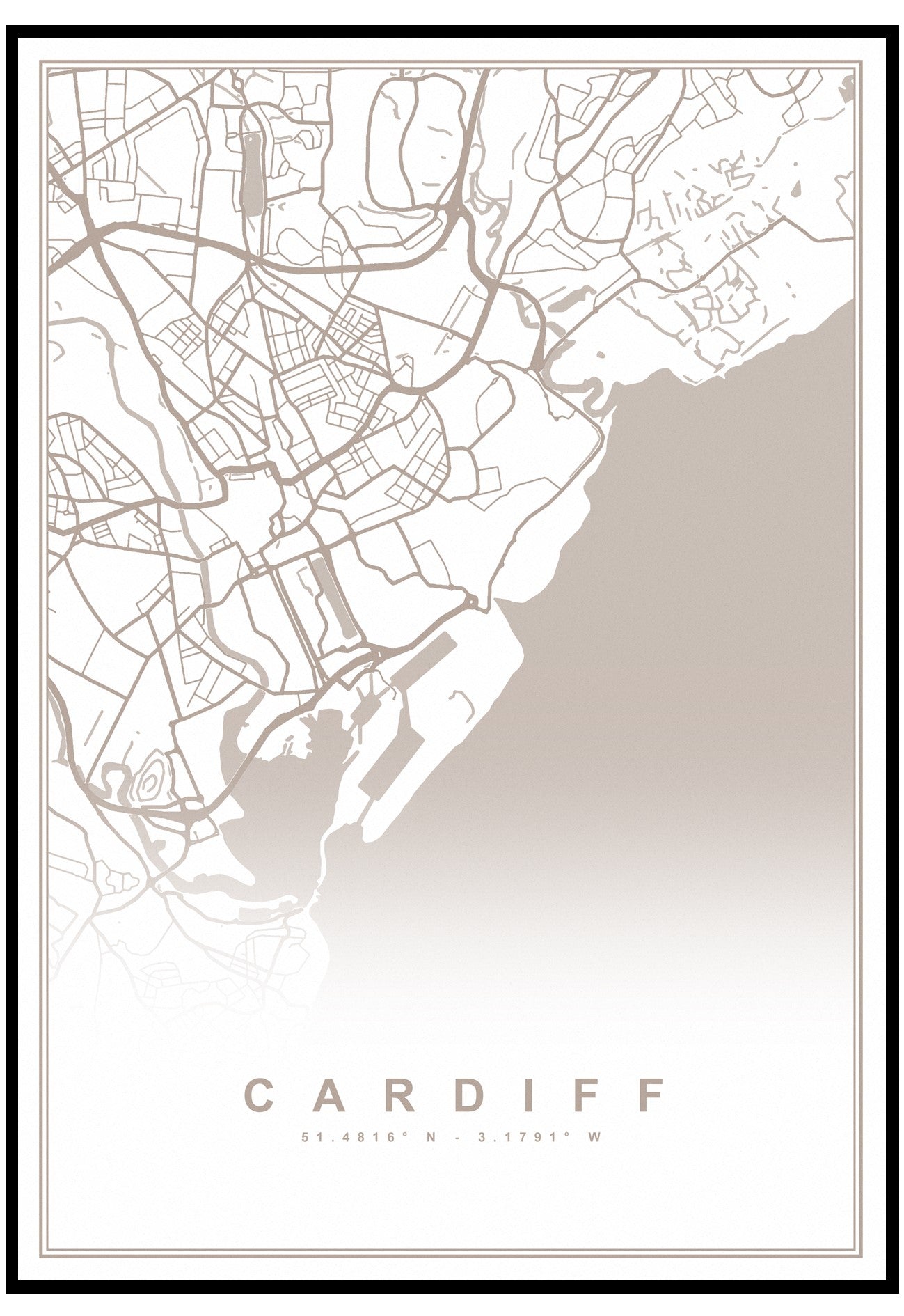 Neutral Cardiff Map Wall Art