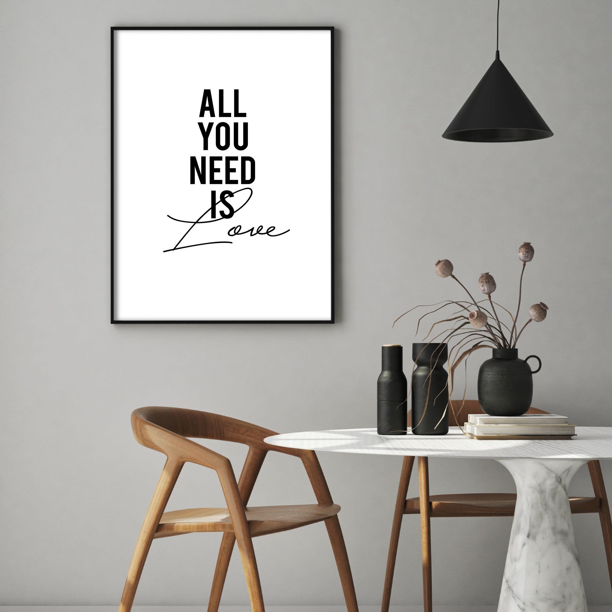 all you need is love wall art in modern dining room