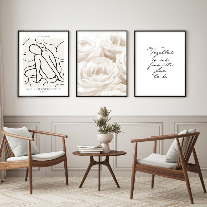 soft neutral wall art print set in modern living room