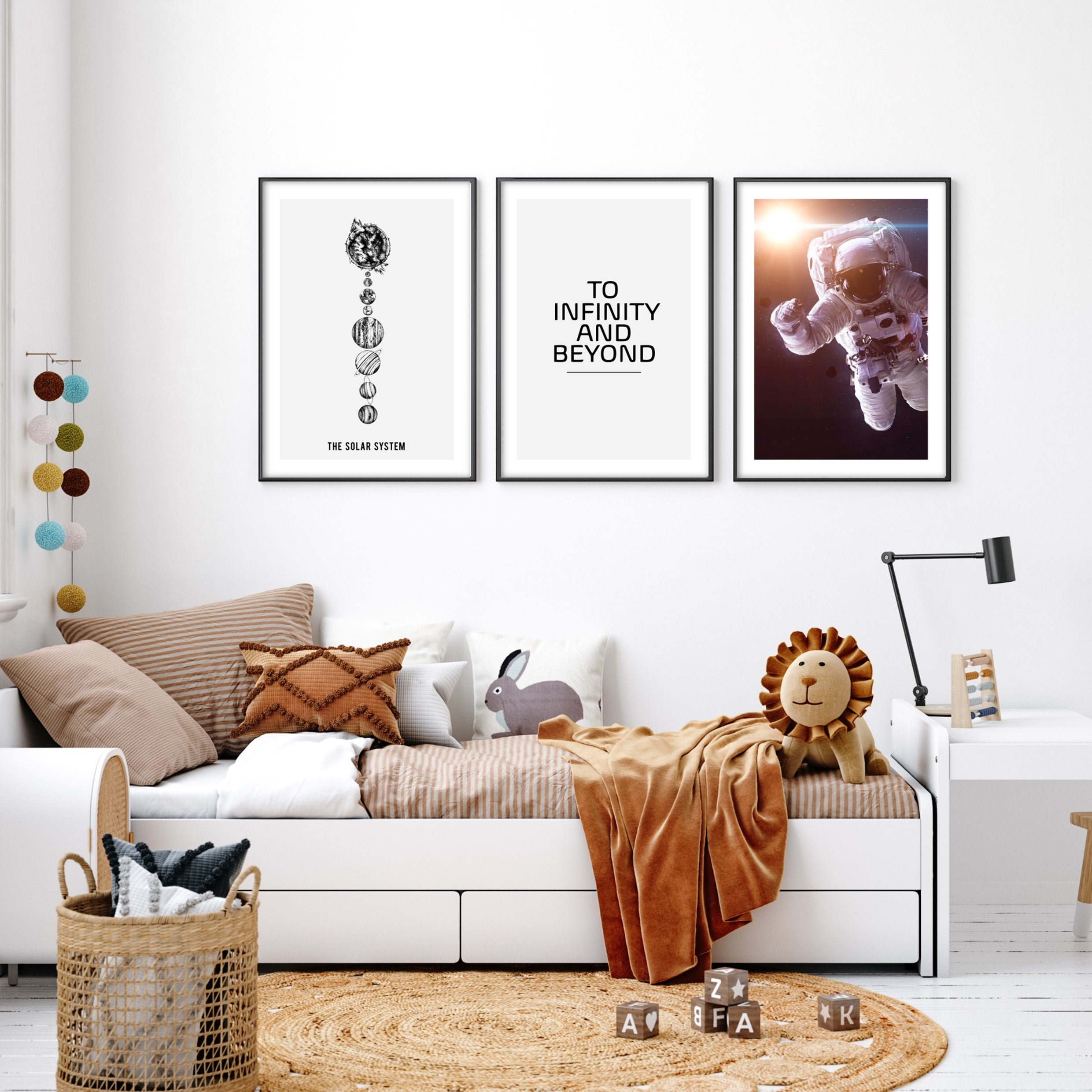 space theme wall art print set in kids bedroom