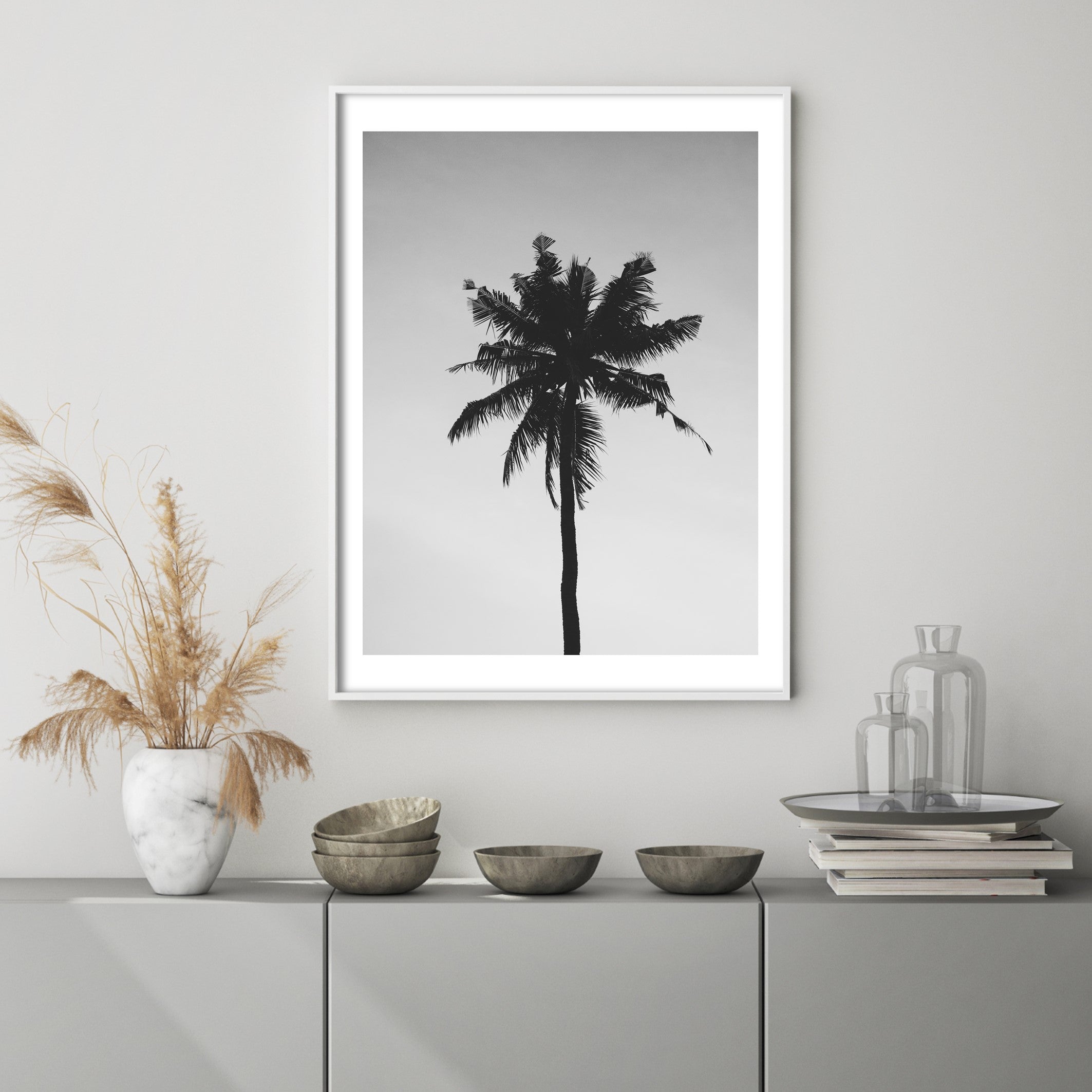 the palm tree wall art in grey living room