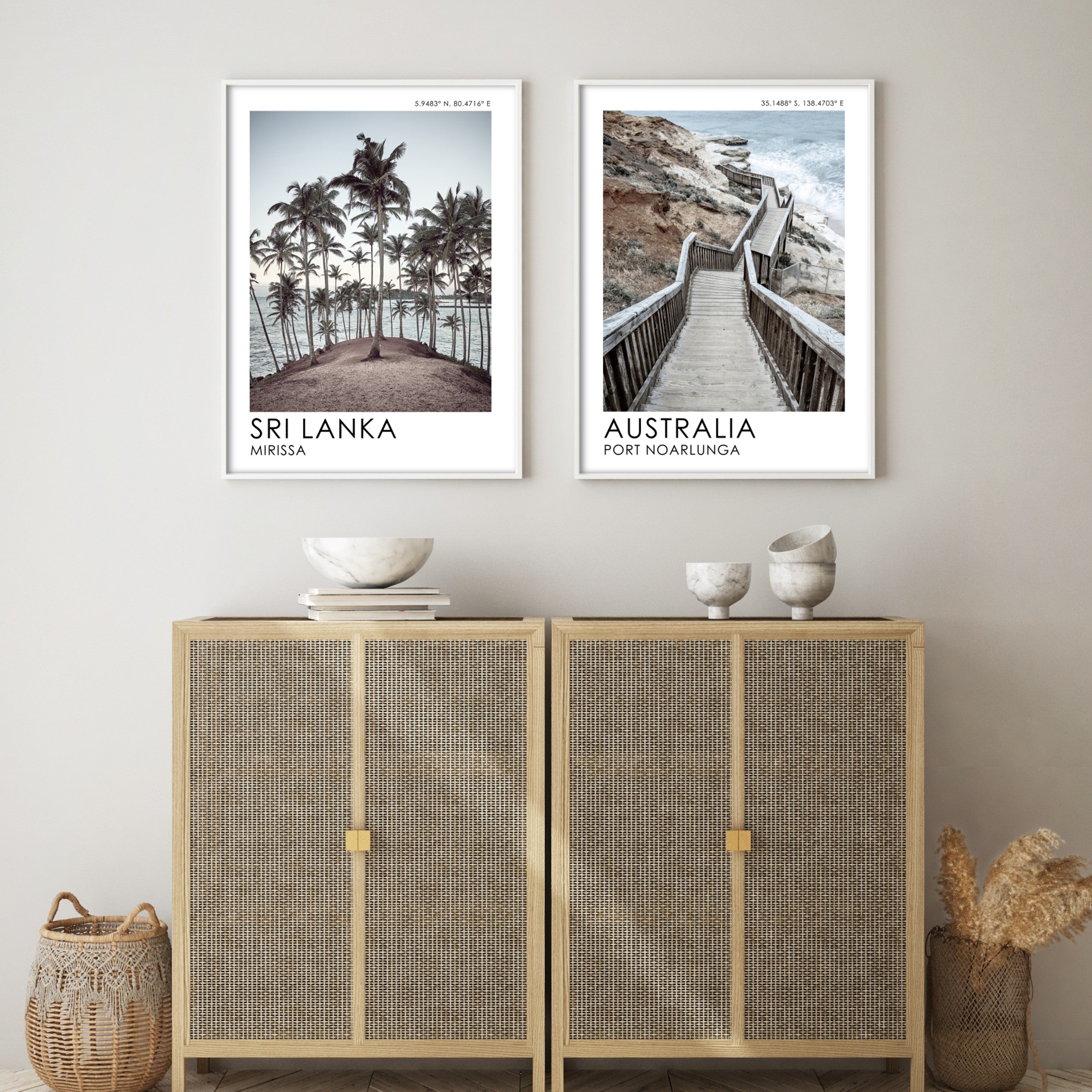 postcard travel wall art in boho living room