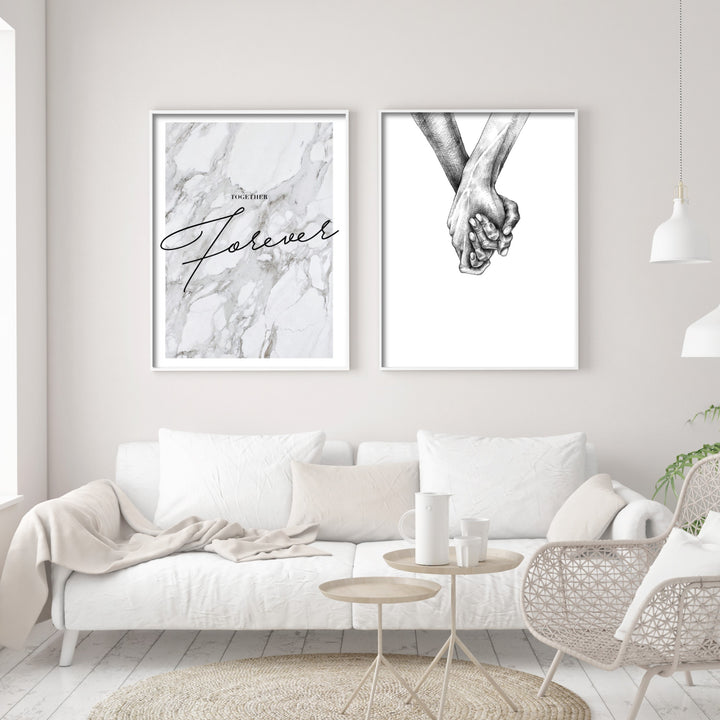 white living room with light wood furniture and two large posters. one says together forever