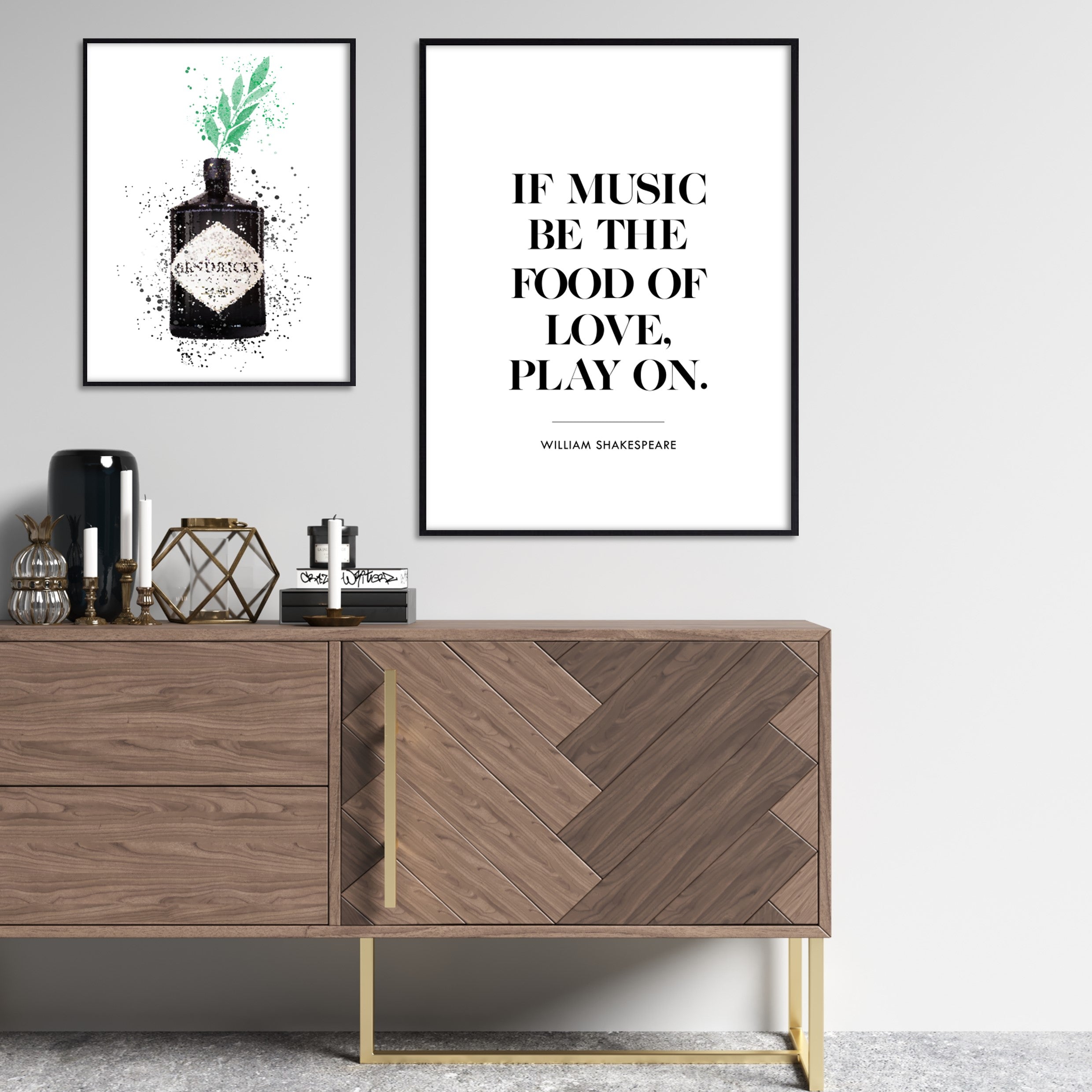 Modern Kitchen posters in black wood frames above trendy wooden sideboard with brass legs